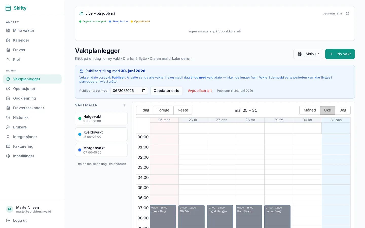 Skifty vaktplanlegger — ukesvisning med vakter og maler