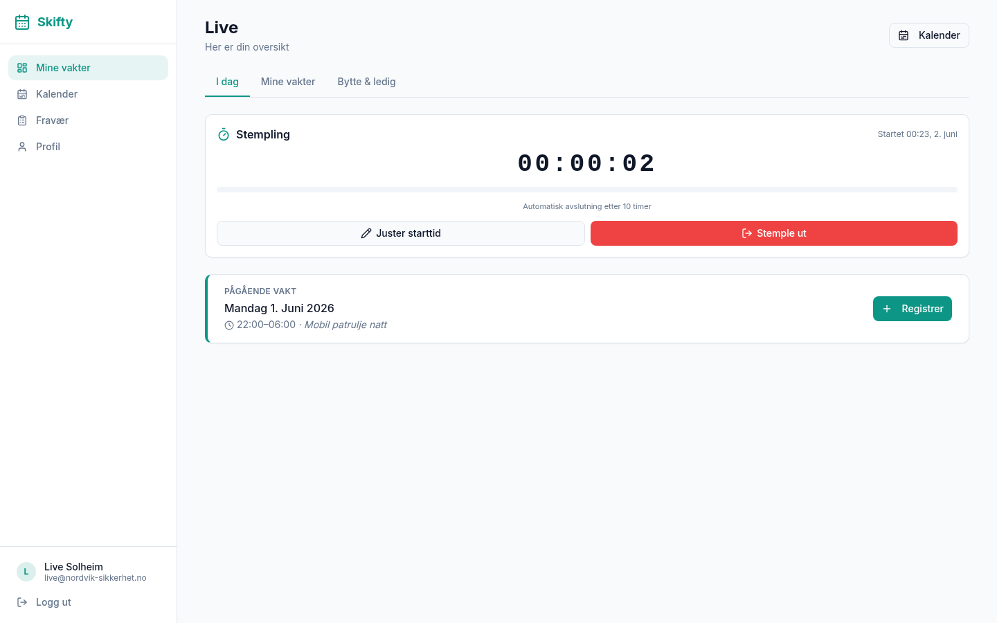 Dashboard med aktiv stempling