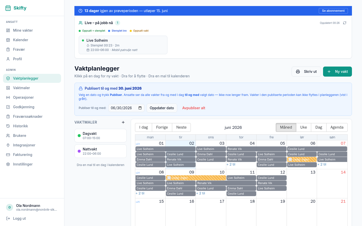 Live-panel med aktive stemplinger
