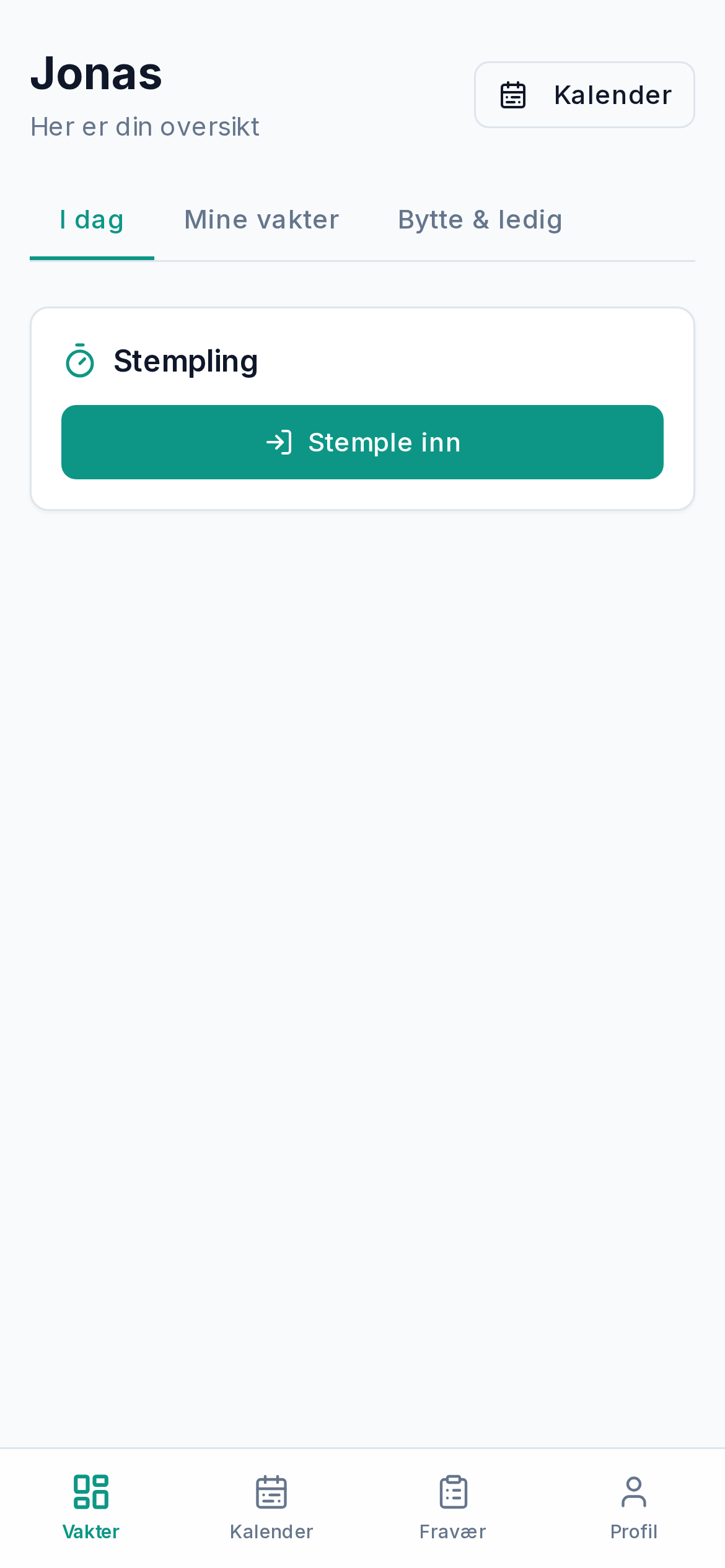 Skifty på mobil — ansatt-visning med stempling